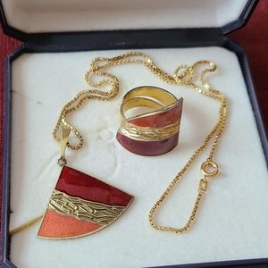 Vintage OPRO NORWAY Ring And Pendant Necklace OLE PETTER 925 Gold Electroplated